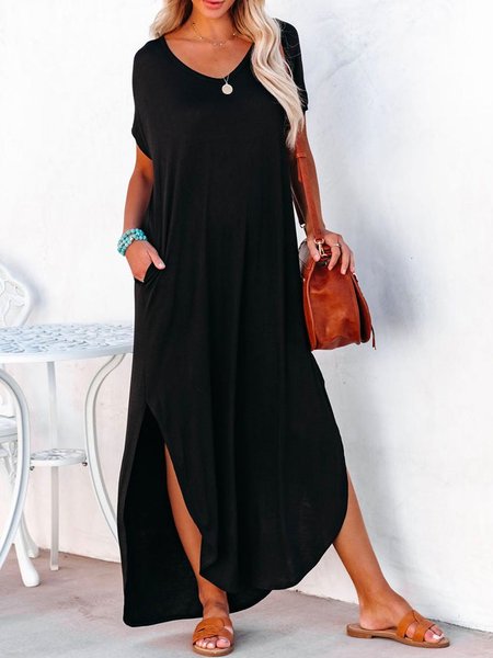 

Casual Short Sleeve Knit Dress, Black, Maxi Dresses