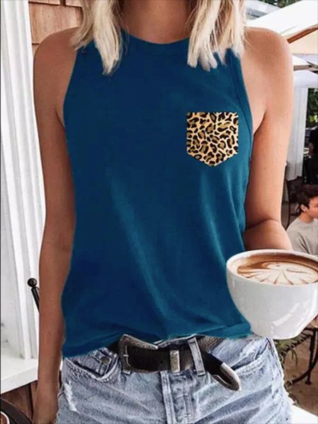 

Leopard Crew Neck Casual Knit, Dark blue, Tank Top