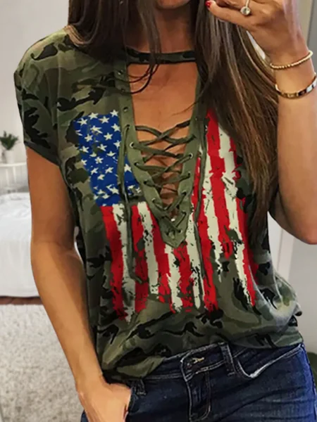 

Camo Vacation V Neck Short Sleeve T-Shirt, Multicolor, T-Shirts