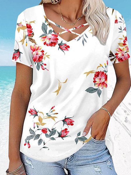 

Cotton Blends Floral Short Sleeve T-Shirt, Flower, T-Shirts