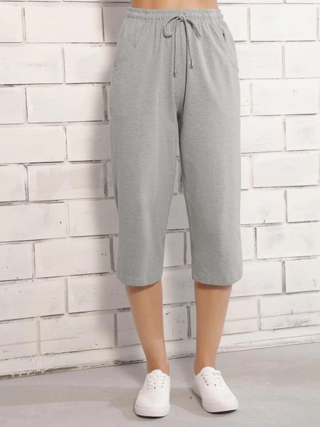 

Basic simple elastic waist pocket loose sports pants Capri plus size, Gray, Pants