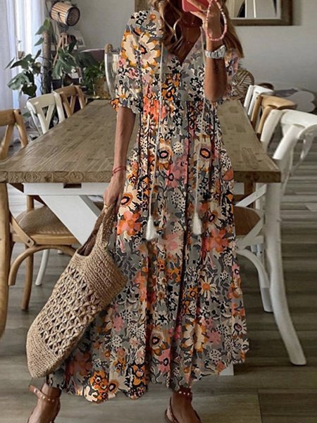 

Loosen Floral Short Sleeve Woven Dress, Flower, Maxi Dresses