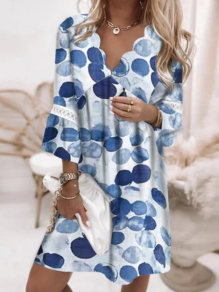 

V Neck Printed Loosen Short Sleeve Dress, Blue, Mini Dresses