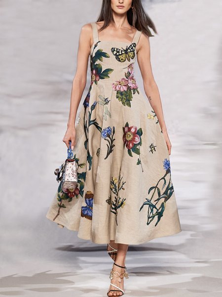 

Vacation Regular Fit Floral Square Neck Sleeveless Midi Dress, Khaki, Maxi Dresses