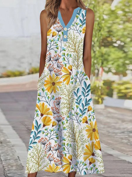 

V Neck Printed Short Sleeve Woven Dress, White, Midi Dresses
