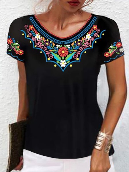 

Regular Fit Vacation Tribal Floral Short Sleeve T-Shirt, Black, Tees & T-shirts