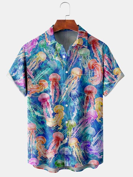 

Mens Hawaiian Sea Life Print Lapel Loose Chest Pocket Short Sleeve Funky Aloha Shirts, Blue, Men's Floral shirt
