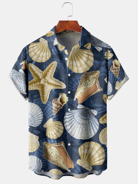 

Mens Hawaiian Sea Life Print Lapel Loose Chest Pocket Short Sleeve Funky Aloha Shirts, Blue, Men's Floral shirt