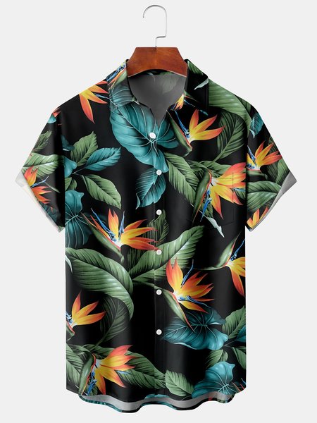

Mens Hawaiian Tropical Leaves Print Lapel Loose Chest Pocket Short Sleeve Funky Aloha Shirts, Black, Men's Floral shirt