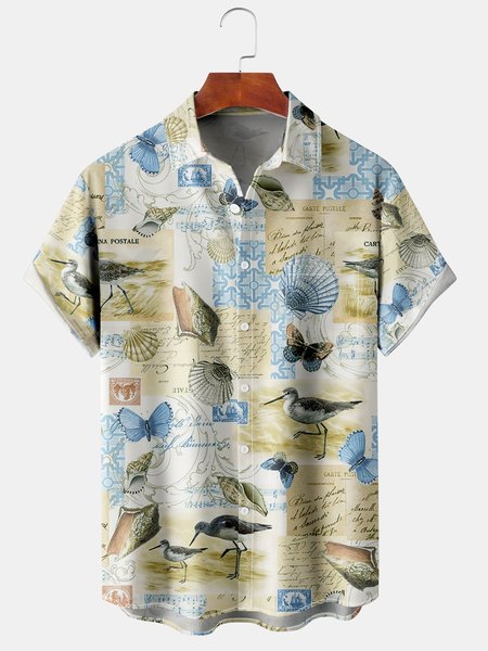 

Mens Hawaiian Sea Life Print Lapel Loose Chest Pocket Short Sleeve Funky Aloha Shirts, Yellow, Men's Floral shirt