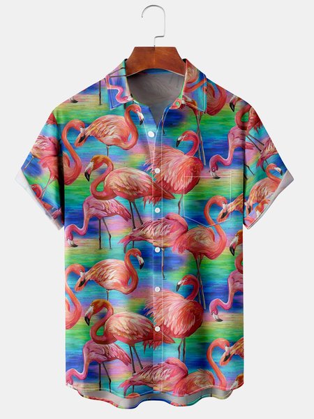 

Mens Hawaiian Tropical Flamingo Print Lapel Loose Chest Pocket Short Sleeve Funky Aloha Shirts, Pink, Men's Floral shirt