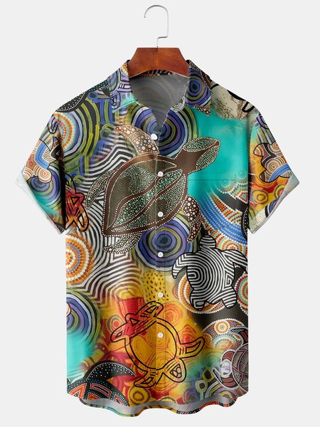 

Mens Hawaiian Sea Turtles Print Lapel Loose Chest Pocket Short Sleeve Funky Aloha Shirts, Blue, Men's Floral shirt
