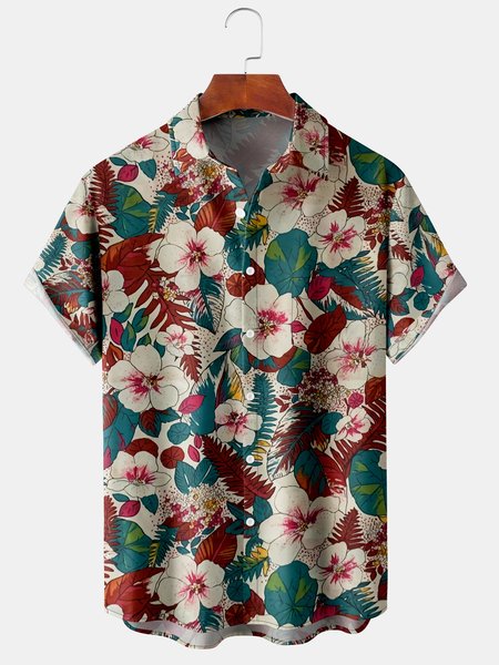 

Mens Retro Hawaiian Floral Print Lapel Chest Pocket Short Sleeve Aloha Shirts, Khaki, Men's Floral shirt