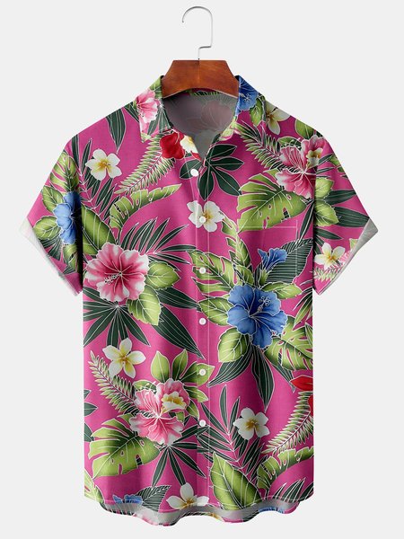 

Mens Hawaiian Tropical Floral Print Lapel Loose Chest Pocket Short Sleeve Funky Aloha Shirts, Pink, Men's Floral shirt