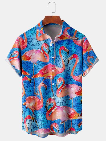 

Mens Hawaiian Tropical Flamingo Print Lapel Loose Chest Pocket Short Sleeve Funky Aloha Shirts, Blue, Men's Floral shirt