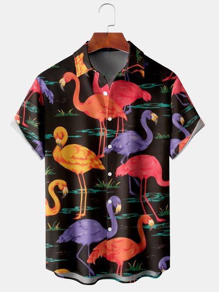 

Mens Hawaiian Tropical Flamingo Print Lapel Loose Chest Pocket Short Sleeve Funky Aloha Shirts, Black, Men's Floral shirt