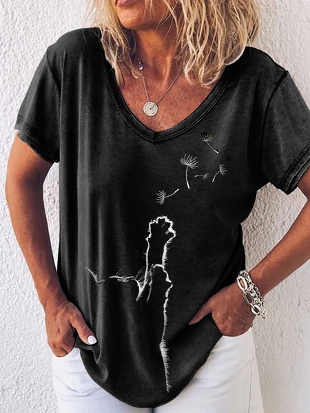

Casual V Neck Cute And Dandelion Short Sleeve T-Shirt, Black, T-Shirts