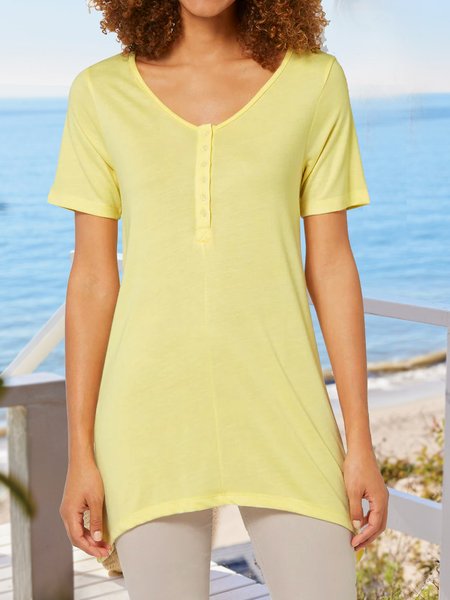 

Solid color nail button holiday loose top T-shirt plus size tunic, Light yellow, T-Shirts