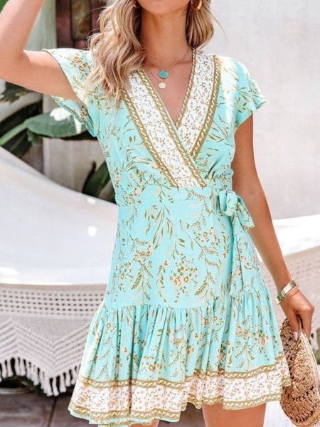 

V Neck Boho Short Sleeve Woven Dress, Green, Mini Dresses