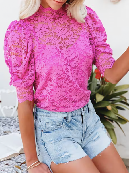 

Summer Lightweight Short sleeve Stand Collar Elegant Short Sleeve Tops, Rose red, Tops