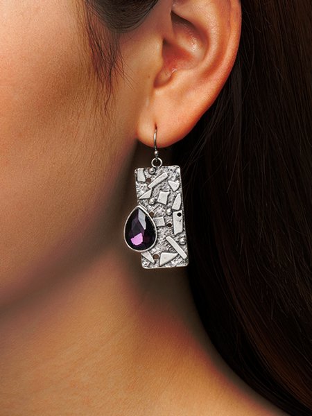 

Ethnic Vintage Geometric Purple Gemstone Handmade Earrings, Silver, Earrings