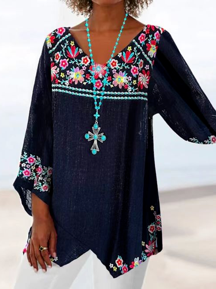 

Regular Fit Boho Floral Long Sleeve Tops, Blue, Shirts & Blouses