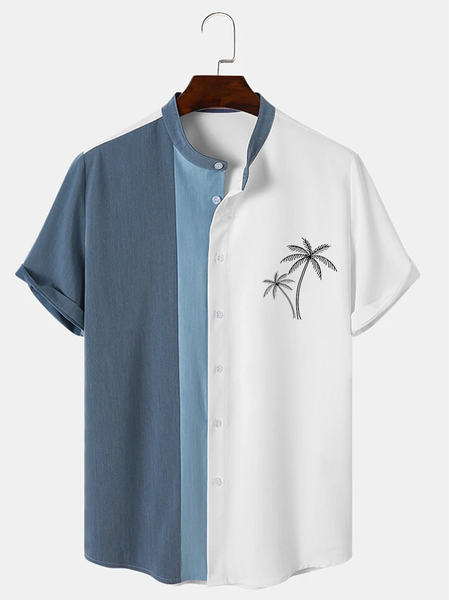 

Cotton Linen Style Colorblock Plant Coconut Print Stand Collar Cozy Linen Shirt, As picture, Men's Floral shirt