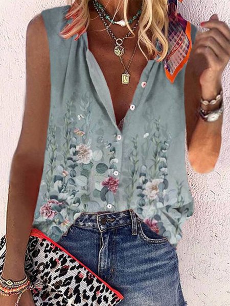 

V Neck Floral Sleeveless Blouse, Green, Blouses & Shirts