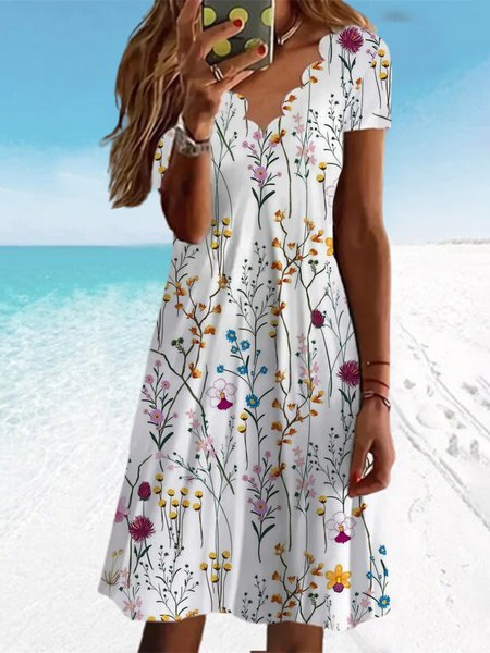 

Casual Floral V Neck Short Sleeve Knit Dress, White, Mini Dresses