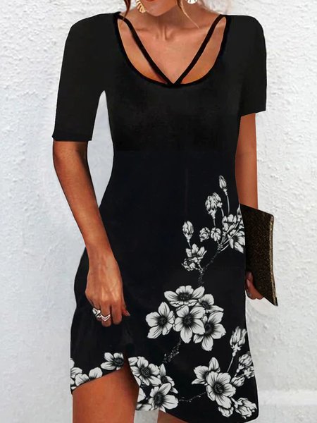 

Crew Neck Short Sleeve Knit Dress, Black, Mini Dresses