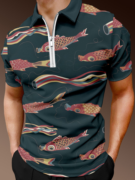 

Casual Style Culture Series Japanese Series Koi Element Lapel Short-Sleeved Polo Print Top, Navyblue, Men's t-shirts