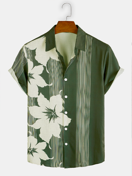 

Cotton Linen Botanical Floral Print Lapel Cozy Linen Shirt, As picture, Blouses&Shirts