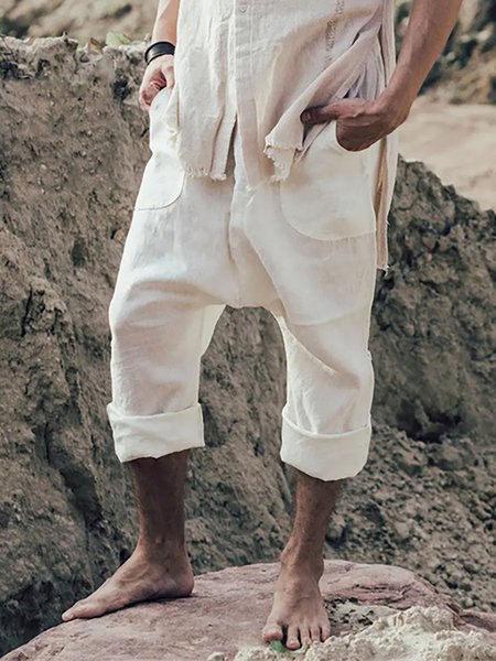 

Cotton And Linen Casual Pants, White, Men's pants