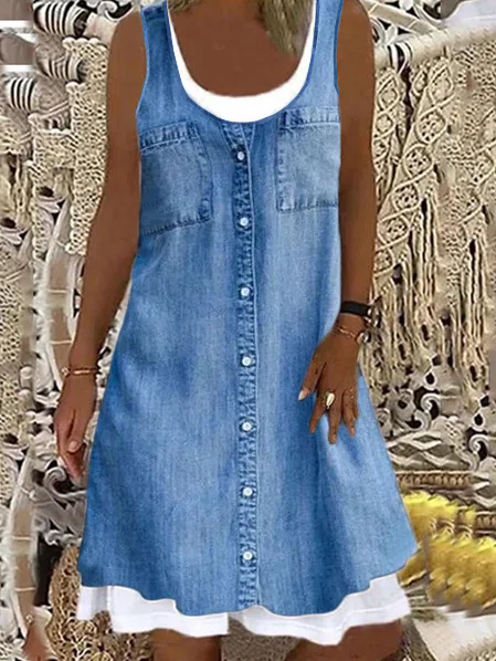 

Women Casual Sleeveless Two-piece Dress, Blue, Denim Dresses