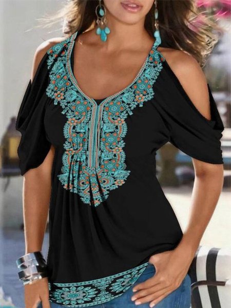 

Tribal Casual V neck Short Sleeve T-Shirt, Black, T-Shirts