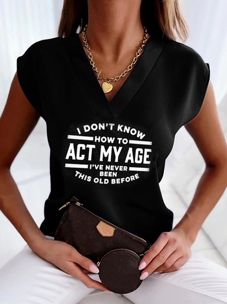 

Letter Cap sleeve Casual Short Sleeve T-Shirt, Black, T-Shirts