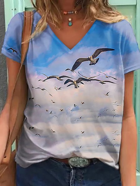 

Animal Bird Printed Short Sleeve T-Shirt, Blue, T-Shirts