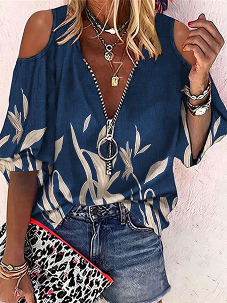 

Leaves V Neck Short Sleeve Casual Tops, Dark blue, Tops
