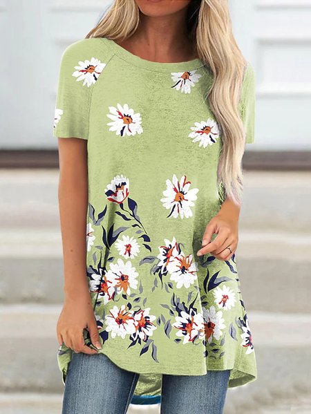

Crew Neck Floral Printed Short Sleeve T-Shirt, Green, T-Shirts