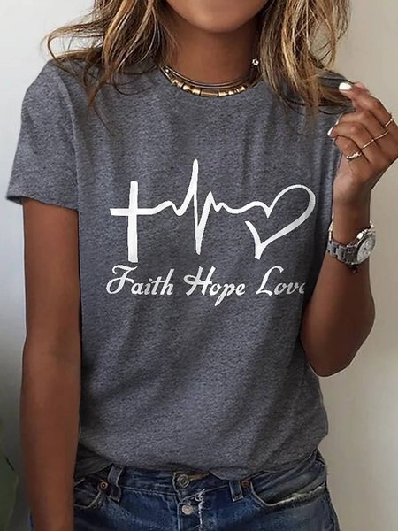 

Round Neck Letter Casual Short Sleeve T-Shirt, Gray, T-Shirts