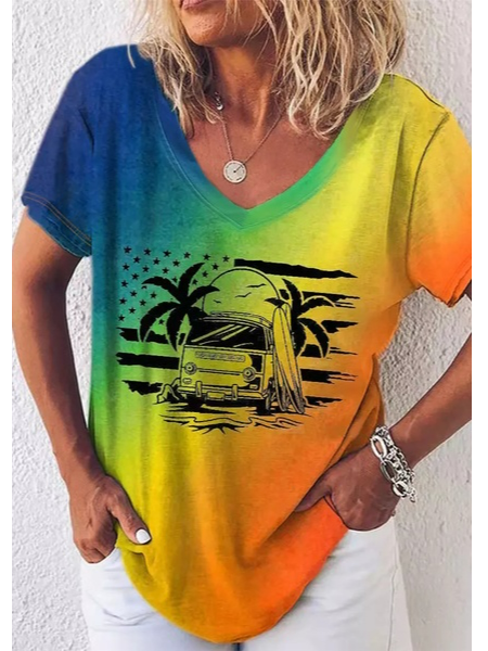 

Tropical Loosen V Neck Short Sleeve T-Shirt, Multicolor, T-Shirts