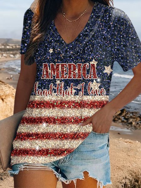 

V Neck Casual Geometric Short Sleeve T-Shirt, Multicolor, T-Shirts