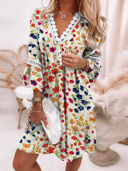 

Floral Short Sleeve Woven Dress, Multicolor, Mini Dresses