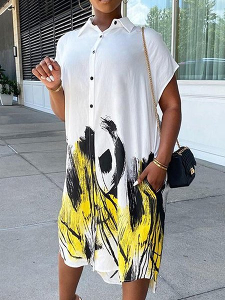 

Abstract Shirt Collar Short Sleeve Woven Midi Dress, White, Midi Dresses