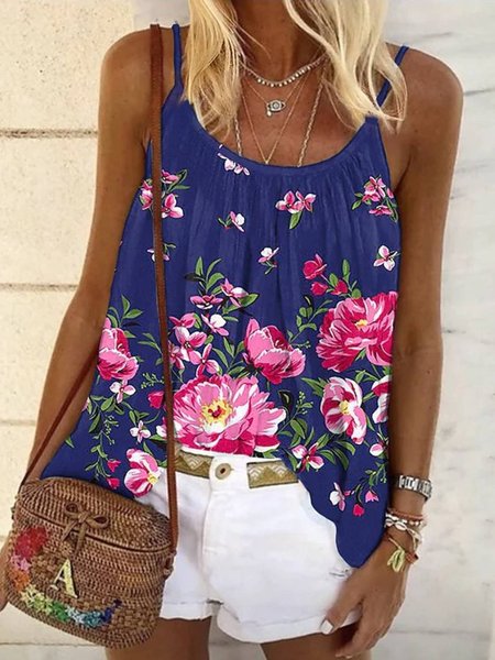 

Floral Casual Woven, Blue, Tank Top
