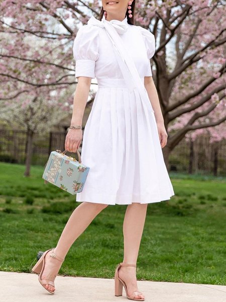

Elegant Solid Short Sleeve Lace-up Dress, White, Midi Dresses