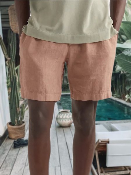

Men's Cotton Linen Elastic Waist Casual Shorts, Pink, Men's shorts
