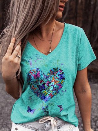 

Butterfly Casual V Neck Short Sleeve T-Shirt, Green, T-Shirts