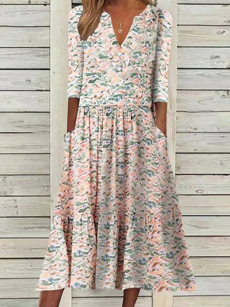 

V Neck Short Sleeve Woven Dress, Pink, Midi Dresses