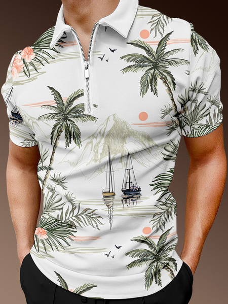 

Resort-Style Hawaiian Floral Coconut Tree Element Lapel Short-Sleeved Polo Print Top, White, Men's t-shirts